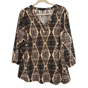 Zac & Rachel Women's Plus 1X 23x27 Brown Black Geometric Print 3/4 Sleeve Blouse